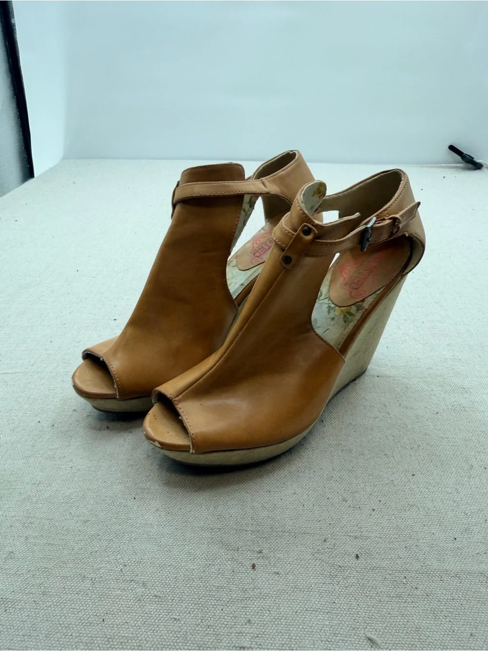 Unlisted Wedge Peep-Toe Ankle Strap Sandal in Tan